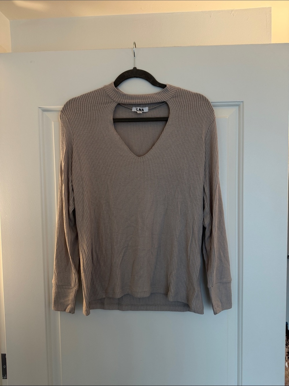 LNA Taupe Ribbed V-Neck Cutout Sweater